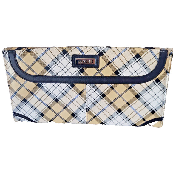 MICHE Alyssa Classic Bag Shell Plaid Faux Leather Retired Purse Ivory Tan Black - Picture 1 of 7